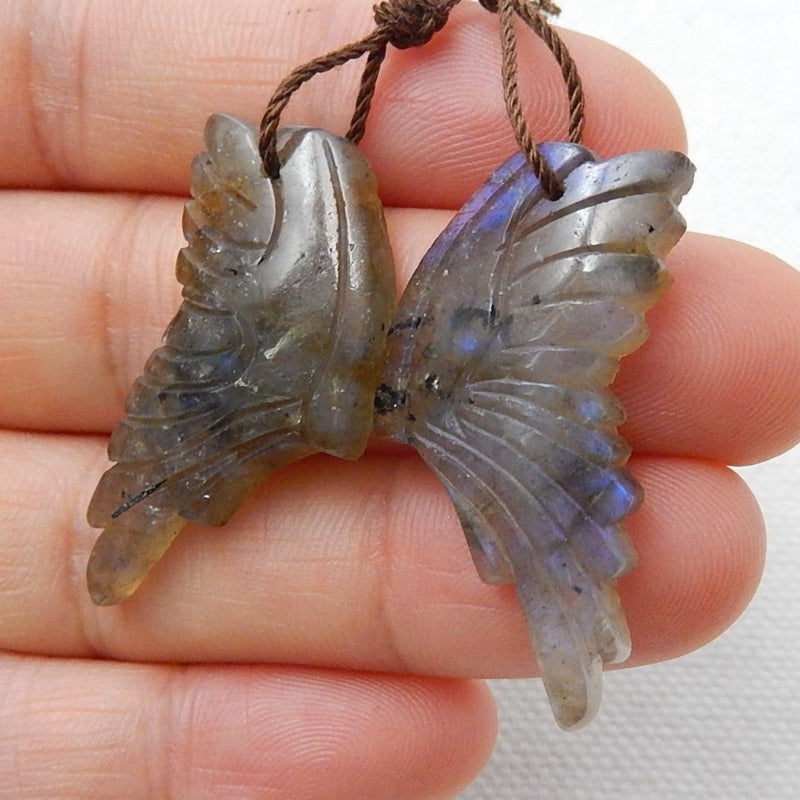 Labradorite Carved Wings Earrings Stone Pair, 32x16x5mm, 6.9g - MyGemGarden