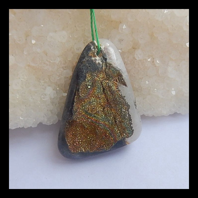 Fluorite With Rainbow Iron Pyrite Gemstone Pendant Bead, 33x25x9mm, 10.3g - MyGemGarden