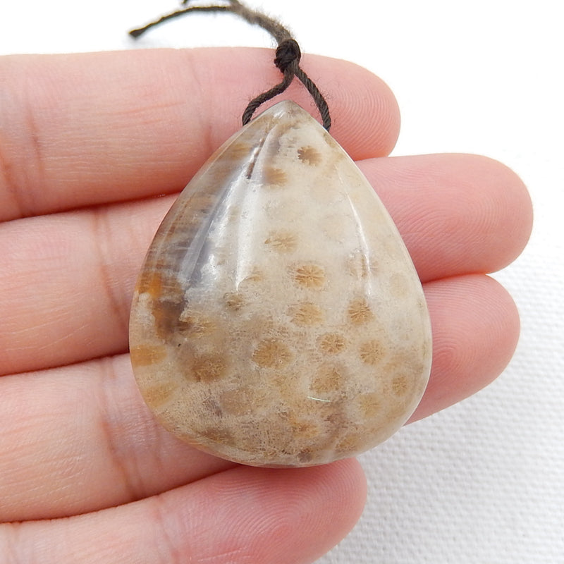 Natural Indonesian Fossil Coral Drilled Teardrop Gemstone Pendant Bead, 34x28x12mm, 14.4g - MyGemGarden