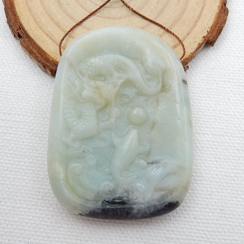 Handcrafted Carved Amazonite Dragon and Fish Pendant Bead, 51x37x7mm, 26.4g - MyGemGarden