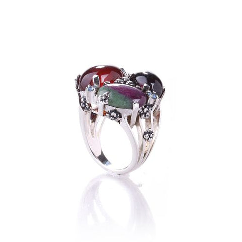 New Arrival!!Natural Gem Red Agate With Ruby And Zoisite And Garnet Zircon Sterling Silver 925 Ring Charms For Women Jewelry(Ring 6 Size) - MyGemGarden
