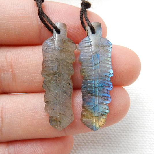Hand Carved Labradorite Feather Earrings Pair, Natural Stone, 31x10x4mm, 3.7g - MyGemGarden