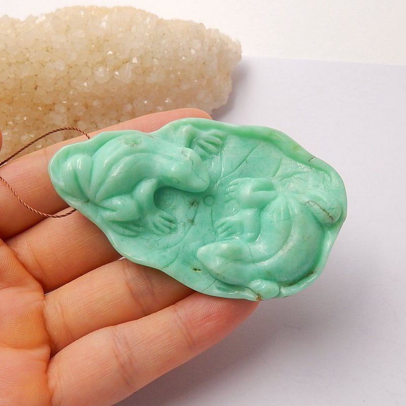 Top quality Chrysoprase Carved Frogs On Lotus Pendant, 70x42x12mm, 32.4g - MyGemGarden