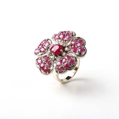 Natural Ruby Flower Ring,925 Sterling Silver