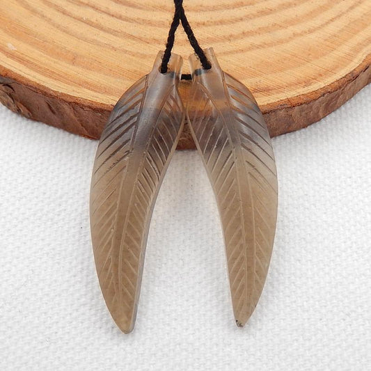 Carved Smoky Quartz Leaf Earrings Stone Pair, 40x10x4mm, 5.7g