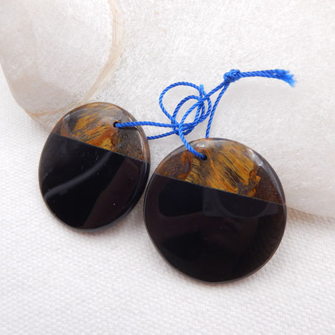 Intarsia of Tiger-Eye and Obsidian Earring Beads 30x4mm, 12.3g