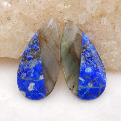 Labradorite and Lapis Lazuli Teardrop Glued Earrings Stone Pair, 31x15x4mm, 6g