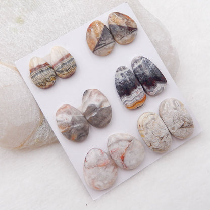 6 pairs Natural Crazy Lace Agate Cabochons 14X10X4mm, 18X11X4mm, 16.9g