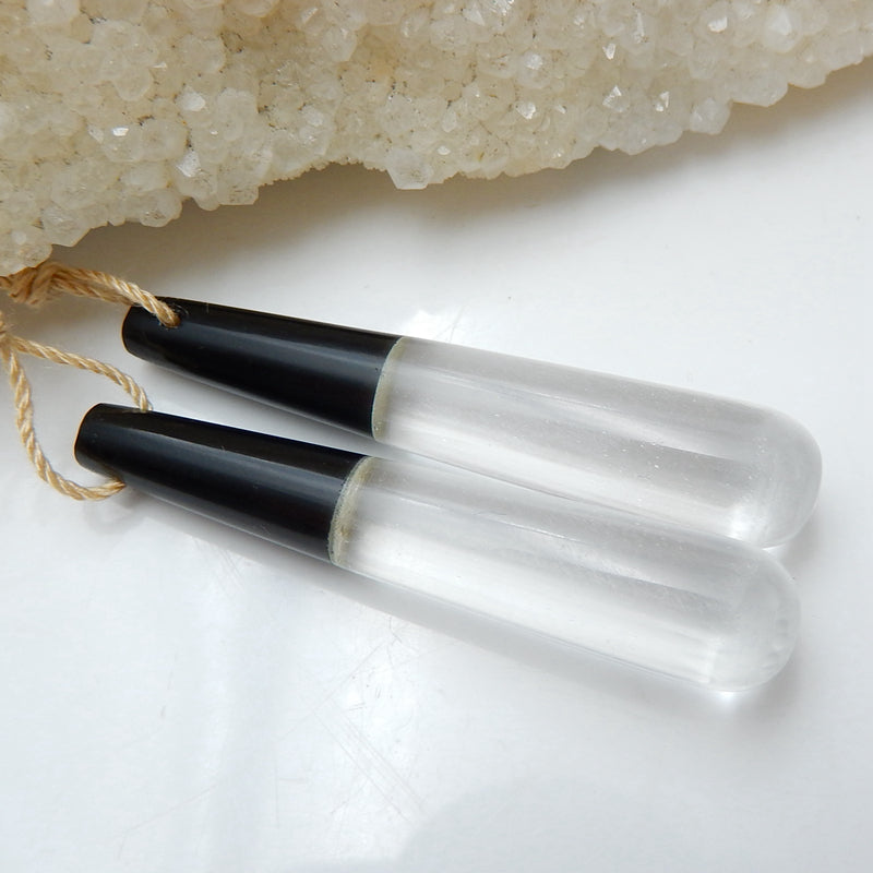 Obsidian and White Quartz Glued Earrings Pair, 45x9mm, 9.7g - MyGemGarden