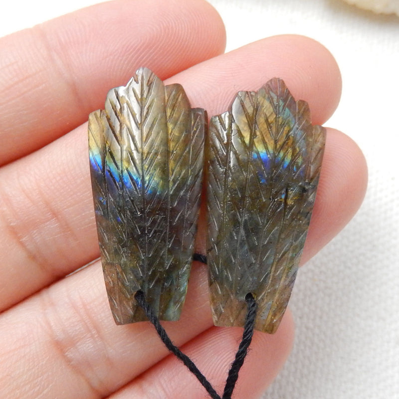 Hand Carved Labradorite Feather Shaped Earrings Beads, 29x14x3mm, 4.5g - MyGemGarden