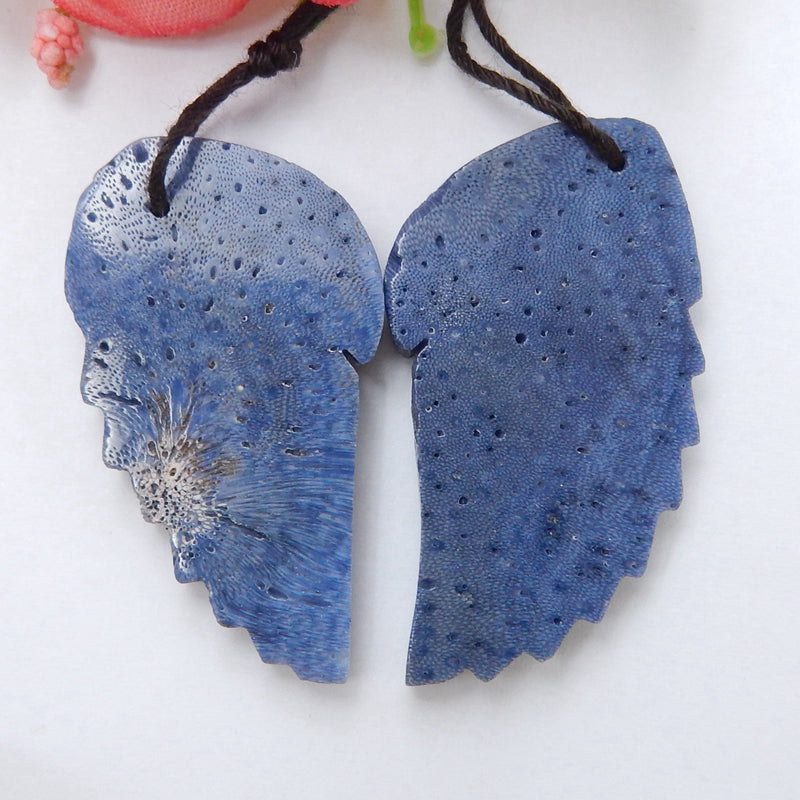 Hand Carved blue coral Wing Earrings set.Earrings jewelry making, 33x20x5mm,9.7g - MyGemGarden