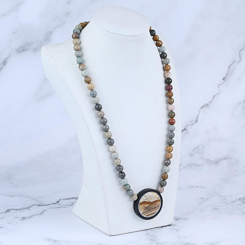 1 Strand Intarsia of Obsidian And Picture Jasper Pendant Ocean Jasper Beeds for Necklace 24 inch, 66g