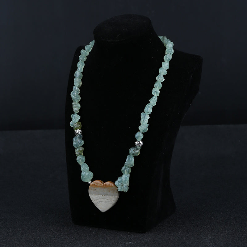 Natural Prehnite With Silver Beads Gemstone Necklace, Wave Jasper Heart Shape Pendant, Handmade Jewelry, 1 Strand, 24 inch, 76.5g