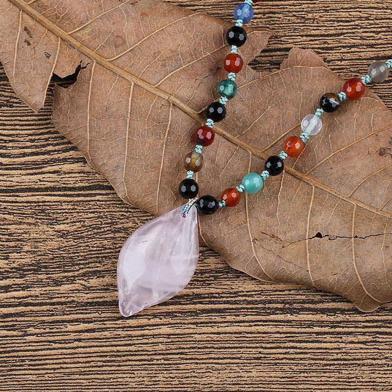 Agate Faceted Gemstone With Silver Beads Necklace, Rose Quartz Pendant, Handmade Jewelry, 1 Strand, 22 inch, 29.3g