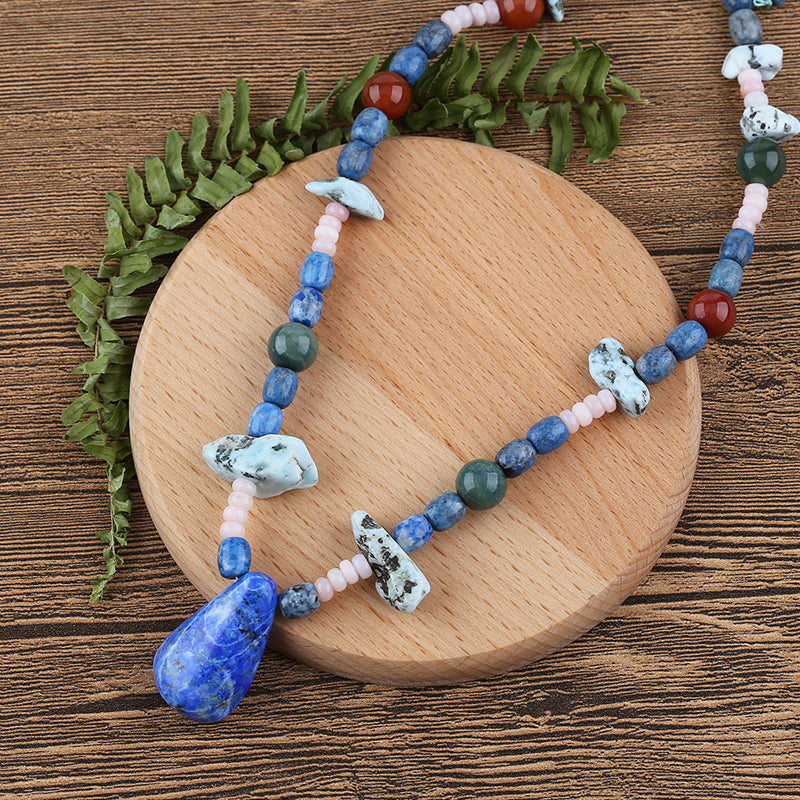 Lapis lazuill Gemstone Necklaces, containt Round Red Agate,pink opal,Larimar and Ocean Jasper Gemstone jewelly,45cm,90g