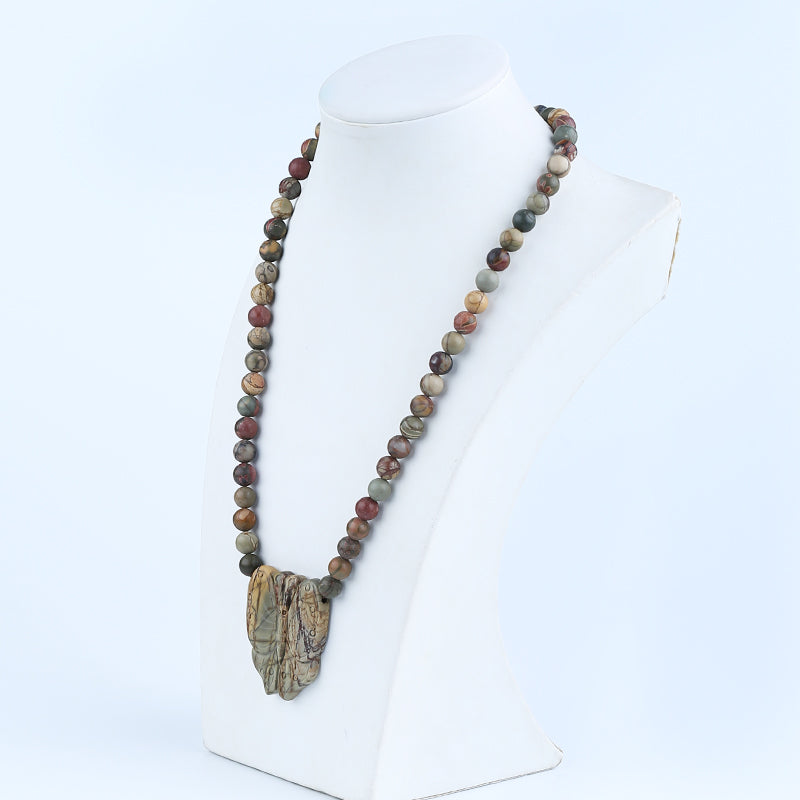 Natural Multi-Color Picasso Jasper Carve Butterfly Necklace