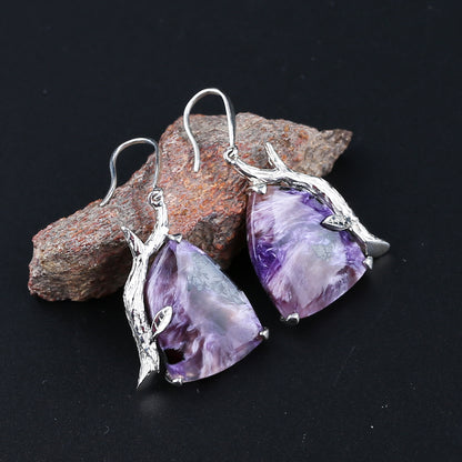 Natural Sugilite Gemstone Earrings with 925 Sterling Silver Accessories 21*16*5mm(stone size), 40*21*6mm, 10.4g