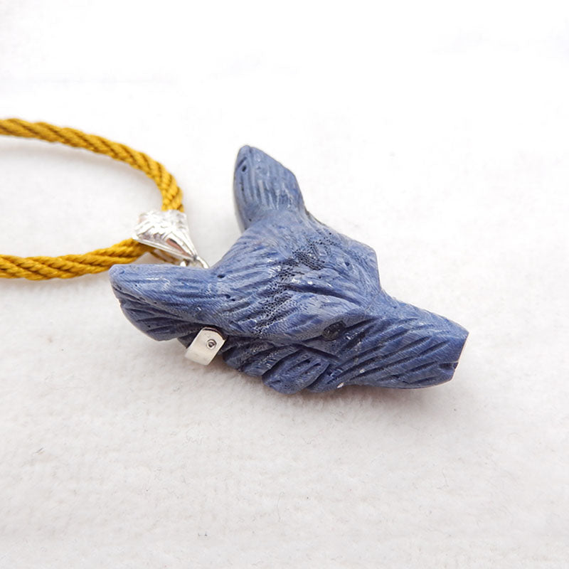 Natural Blue Coral Carved wolf head Pendant with 925 Sterling Silver 41x31x15mm, 20.4g