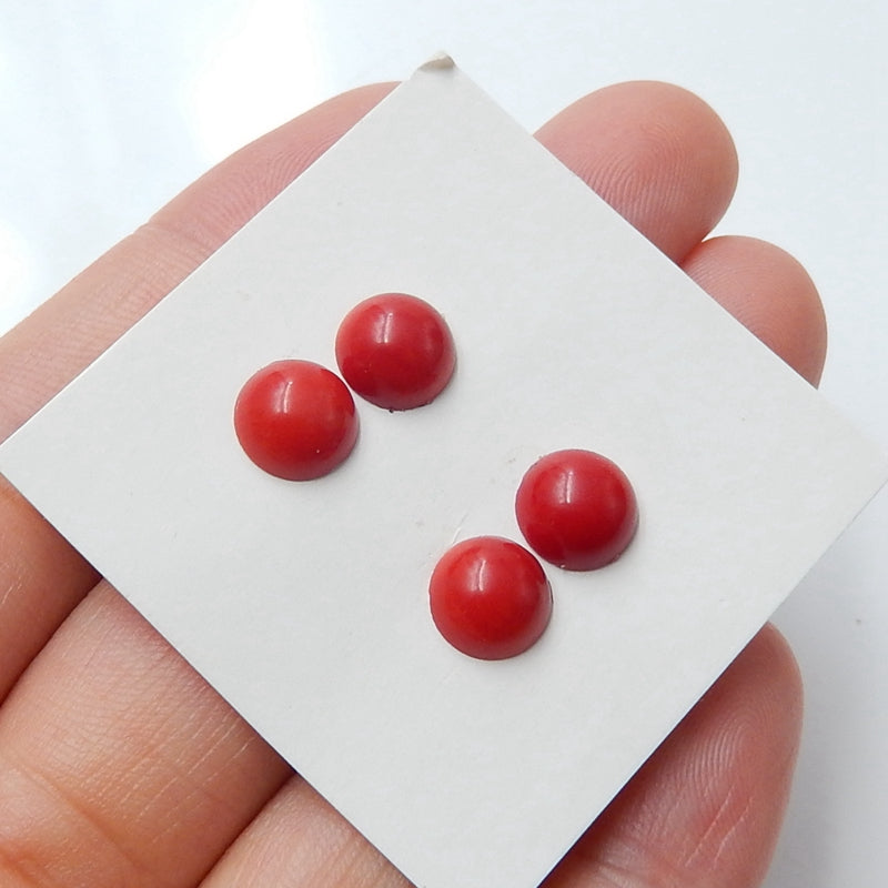 4 pcs Red Coral 7mm round cabochons, 7x7x4mm, 1.6g - MyGemGarden