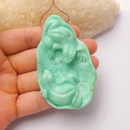Top quality Chrysoprase Carved Frogs On Lotus Pendant, 70x42x12mm, 32.4g - MyGemGarden