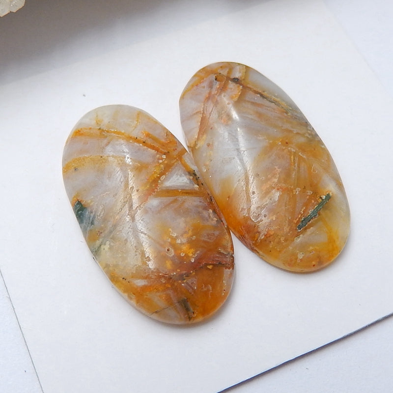 Natural Bamboo Agate Drilled Oval Gemstone Cabochon Pair, 24x13x4mm, 4.3g - MyGemGarden