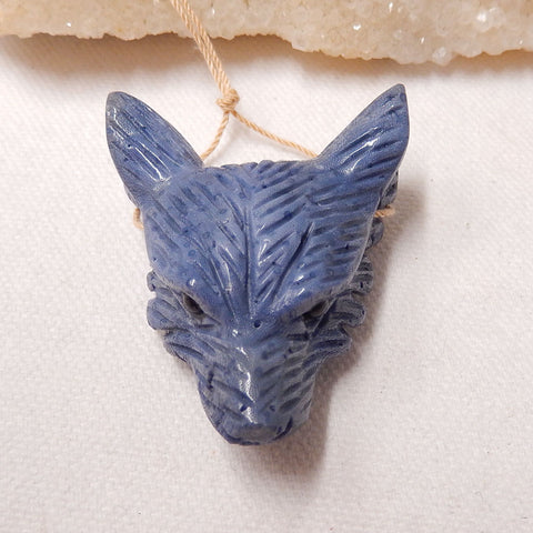 Carved Wolf Head Blue Coral Gemstone Pendant , 47x37x18mm, 27g - MyGemGarden