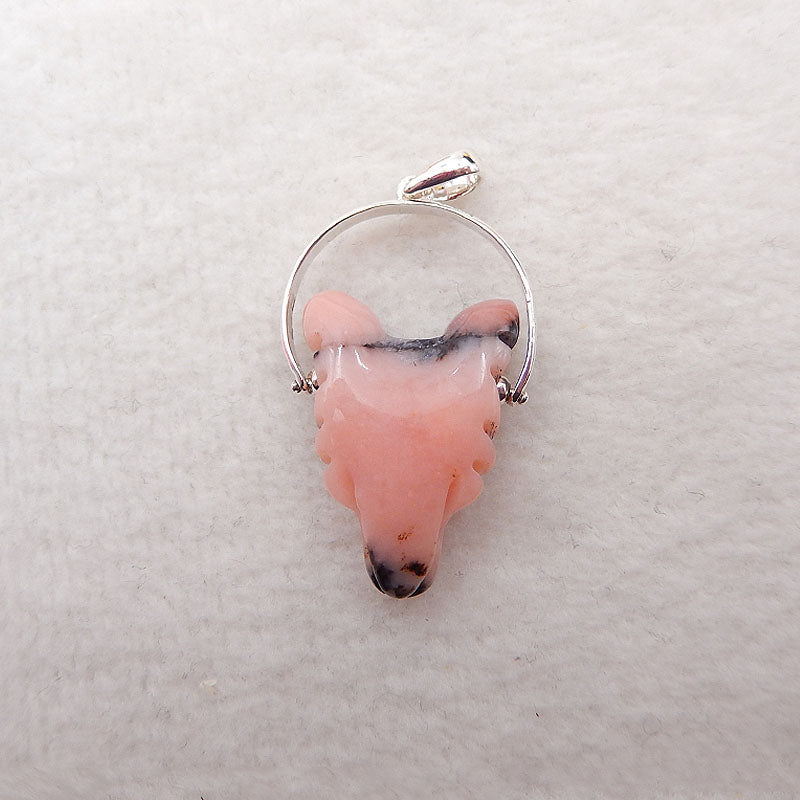 Natural Pink Opal Carved wolf head Pendant with 925 Sterling Silver 23x16x9mm, 3.6g