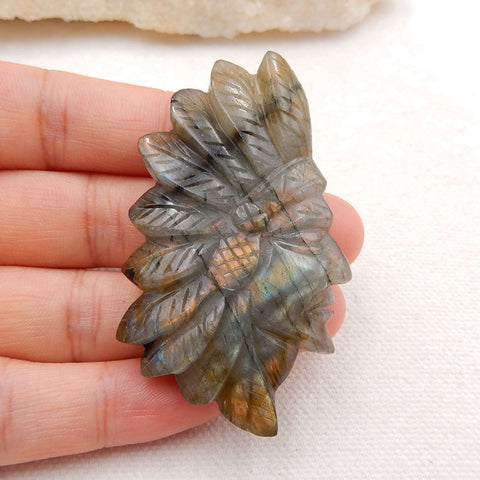 Vintage Hand Carved Labradorite Gemstone Indian Head Pendant , 56x34x8mm, 20.4g - MyGemGarden