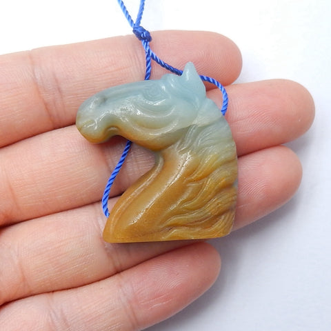 Handmade Amazonite Carved horse head Pendant Bead, 34x30x8mm, , 13.2g - MyGemGarden