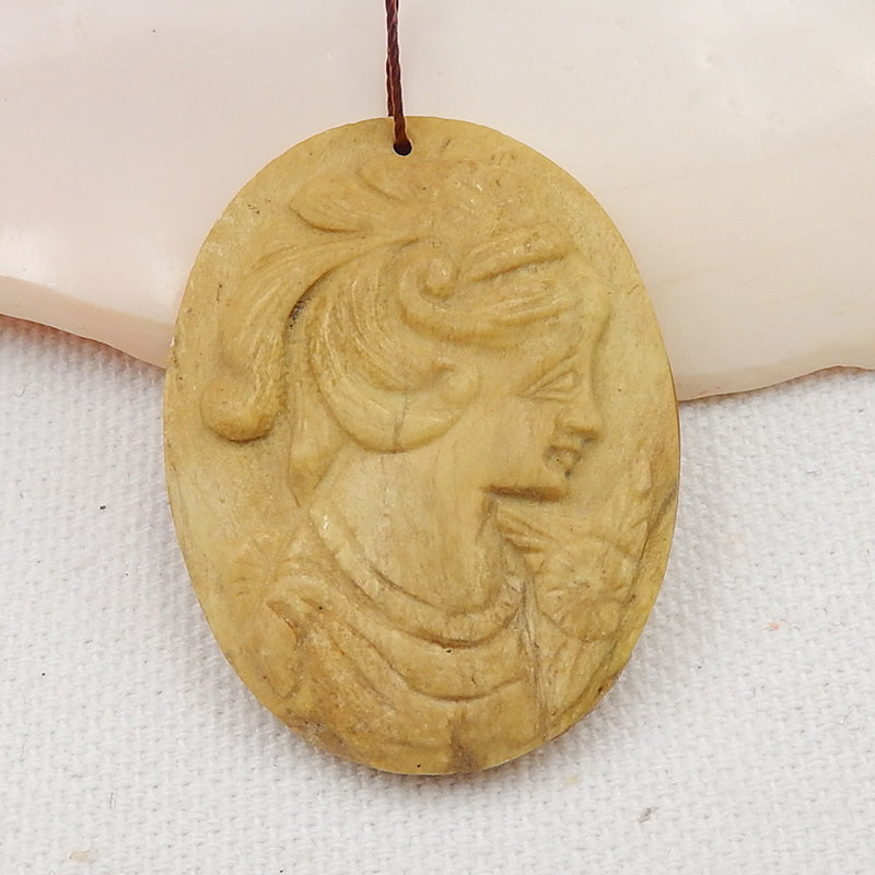 Natural Serpentine Drilled Gemstone Carved Girl Pendant Bead, 38x30x7mm, 11.4g - MyGemGarden