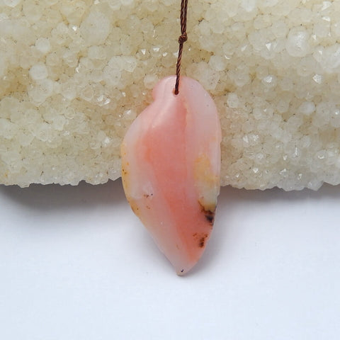 Handmade Pink Opal carved leaf Pendant Bead, 40x20x6mm, 4.6g - MyGemGarden