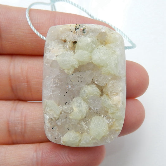 Drusy Geode Gemstone Quartz With Prehnite Pendant Bead, Healing Stone, 37x25x12mm, 18.3g - MyGemGarden