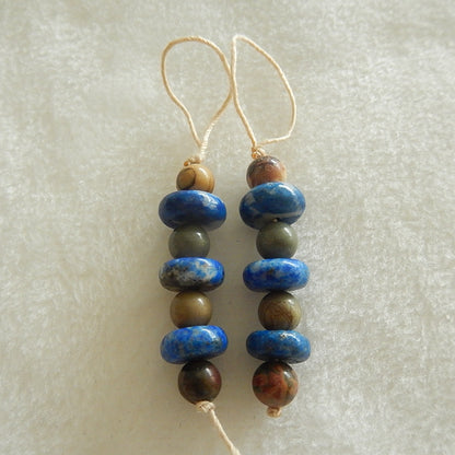 Natural Multi Color Picasso Jasper and Lapis Lazuli Drilled Earrings Pair, 10x5mm,6x6mm,7.3g - MyGemGarden