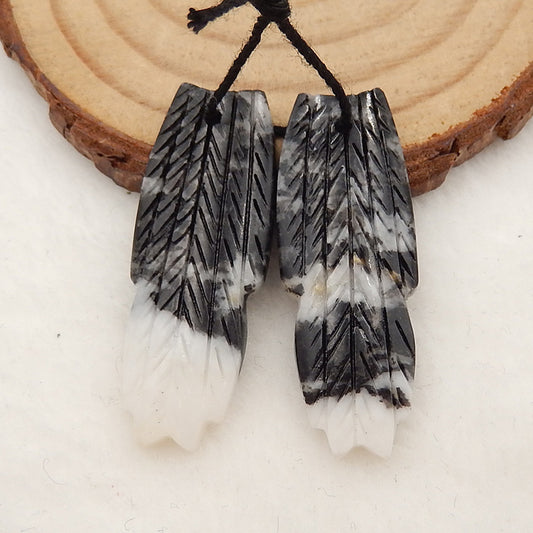 White Zabra Jasper Carved Feather Shaped Earrings Stone Pair, 35x15x3mm, 5.5g