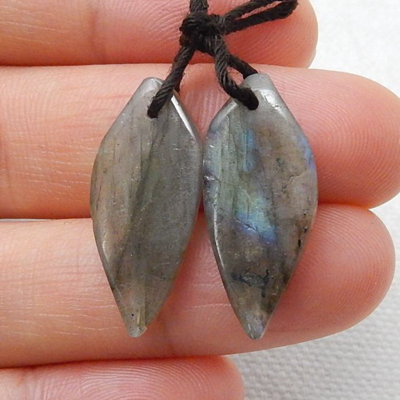 Labradorite Carved Leaf Earrings Stone Pair, 23x10x3mm, 2.6g - MyGemGarden
