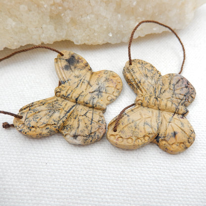 Butterfly Earrings Pair, Carved Chohua Jasper Butterfly Gemstone Earrings set, 40x31x4mm, 15g - MyGemGarden