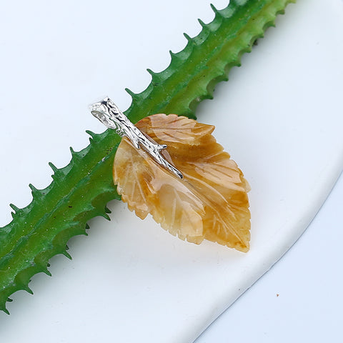 Natural Yellow Jade Carved Leaf Pendant with 925 Sterling Silver Accessory 47x27x6mm, 8.2g