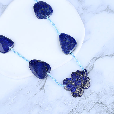 1 Strand Lapis Lazuli Gemstone Necklace, Flower Gemstone Pendant Necklace, Adjustable Necklace, 20-30 inch, 61g