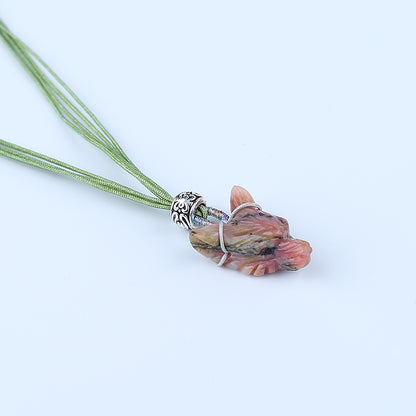 Natural Pink Opal Carved wolf head Pendant Bead with Rope 24mm