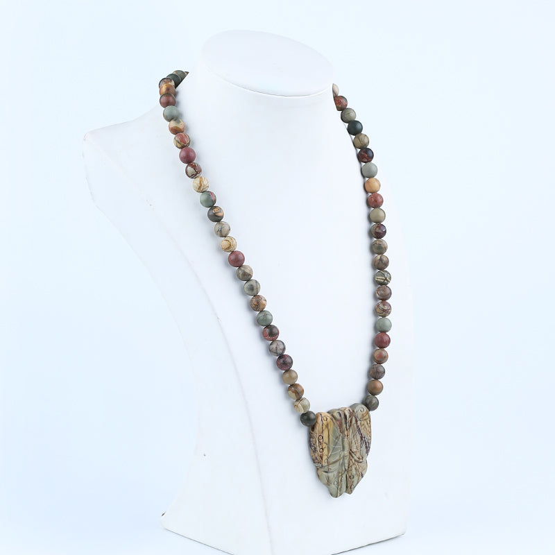 Natural Multi-Color Picasso Jasper Carve Butterfly Necklace