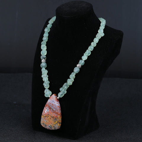 Natural Prehnite With Silver Beads Gemstone Necklace, Ocean Jasper Pendant, Handmade Jewelry, 1 Strand, 24 inch, 92g