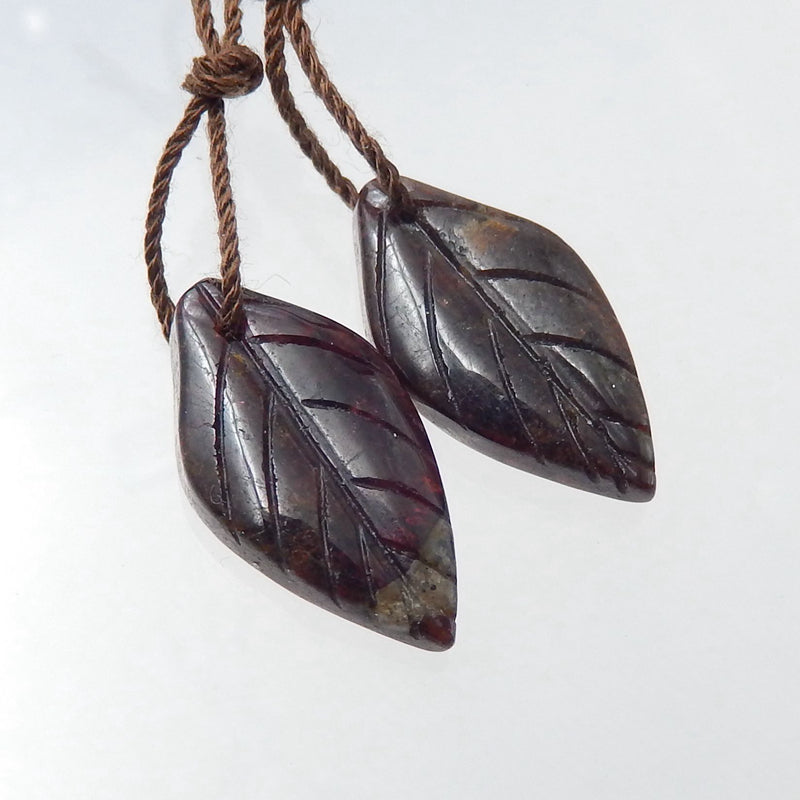 Garnet Carved Leaf Earrings Stone Pair, 20x11x3mm, 3.4g - MyGemGarden