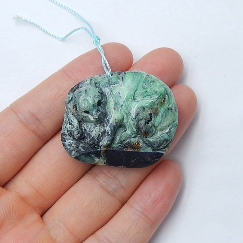 New Arrival Green Turquoise Carved Cat Pendant Bead, 37x30x13mm, 18.5g - MyGemGarden