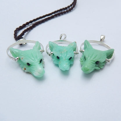 Handcraft Chrysoprase carved Wolf Head Pendants, 925 Sterling Silver Pinch Bail, 28x20x9mm, 6.2g - MyGemGarden