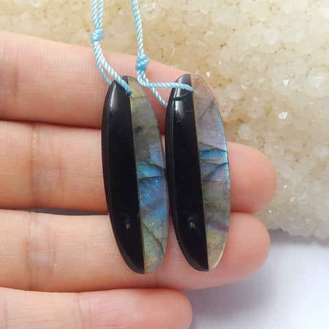 Labradorite, Obsidian Glued Earrings Pair,35x11x4mm,5.0g - MyGemGarden