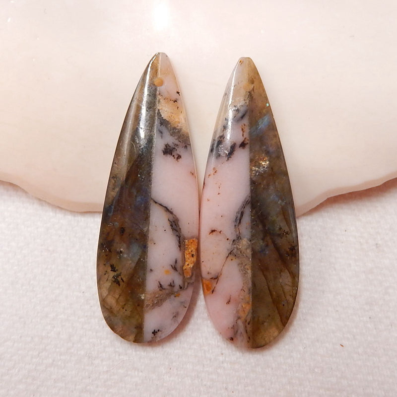 Pink Opal And Labradorite Glued Teartrop Gemstone Earrings Stone Pair, 38x13x4.5mm, 6.6g - MyGemGarden