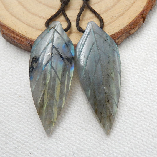 Hot sale Labradorite Carved leaf Earrings Pair, 34x13x4mm, 5.9g - MyGemGarden