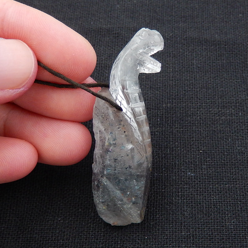 Natural ghost quartz hand carved snake pendant bead, 51x18x13mm, 14.3g - MyGemGarden