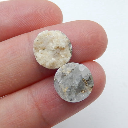 Natural Drusy White Quartz With Pyrite Round Gemstone Cabochon Pair, 10x7mm, 2.6g - MyGemGarden