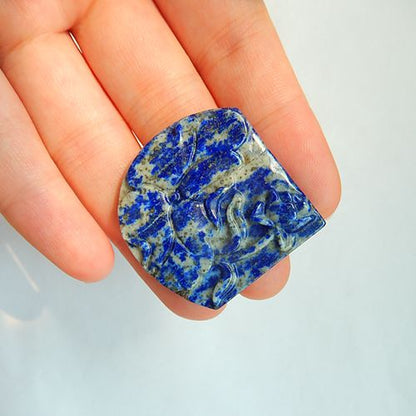 Natural Carved Flower Lapis Lazuli Gemstone Cabochon, 38x37x5mm, 10.6g - MyGemGarden